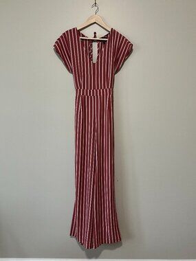 Burgundy Striped Wide Leg Jumpsuit Tie Waist Boho Resort Small